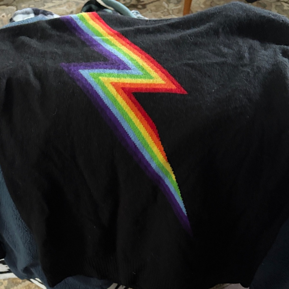 MADELEINE THOMPSON Black Sweater with Rainbow Stripes